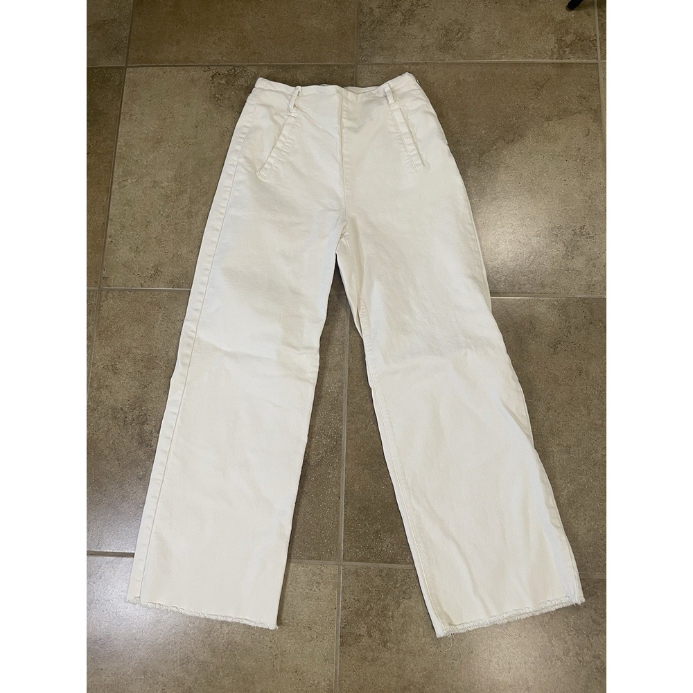 Zara Wide Leg Jeans Women's Size 4 White High Waisted Raw Hem Denim Pants